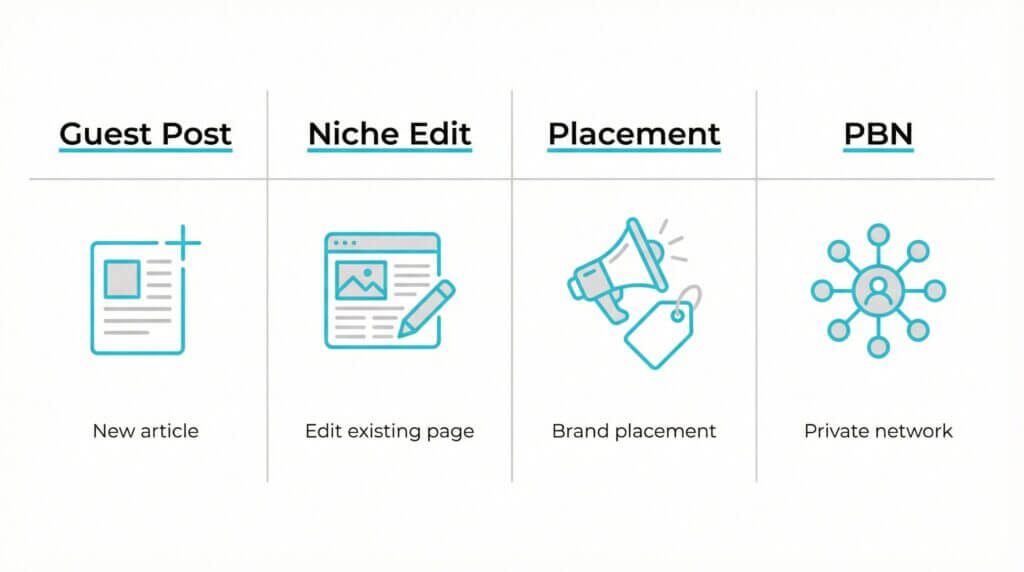 Perbedaan Guest Post vs Niche Edit vs Placement vs PBN